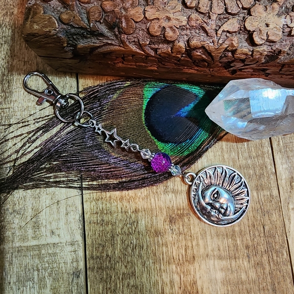 Sun Moon Pursecharm Celestial Bag Charm Pink & Blue Beaded Crystal Star Keychain - Picture 4 of 13